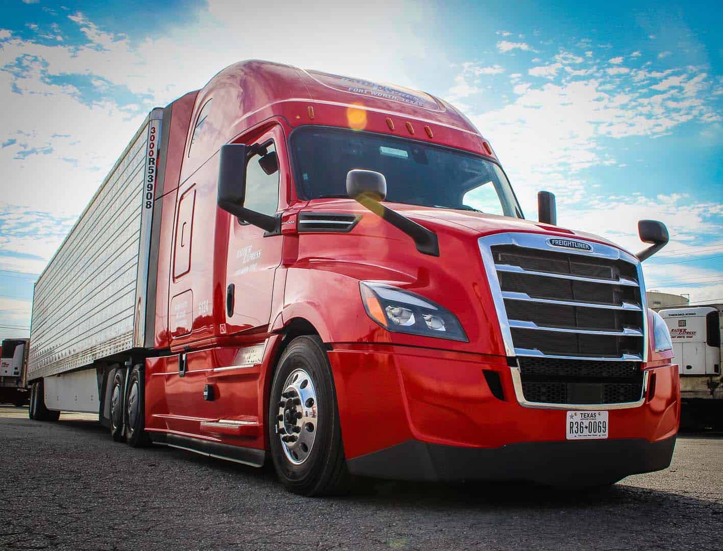 Raider Express tractor-trailer parked at the Fort Worth CDL School training yard